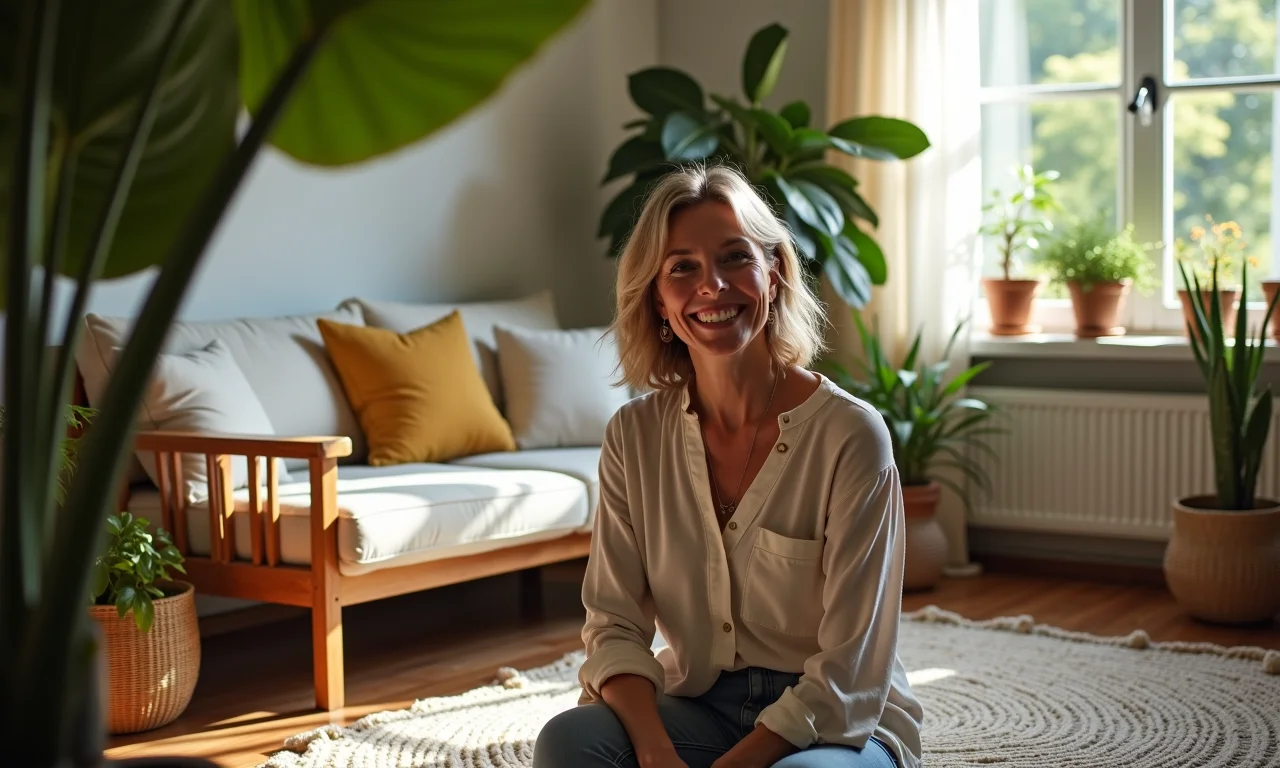 Sala de estar aconchegante com um tapete de crochê, plantas e decoração brasileira.