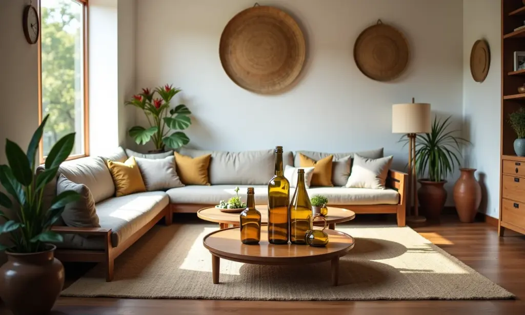 Garrafas de decoração: ideias para usar na casa Sala de estar brasileira com garrafas decorativas.