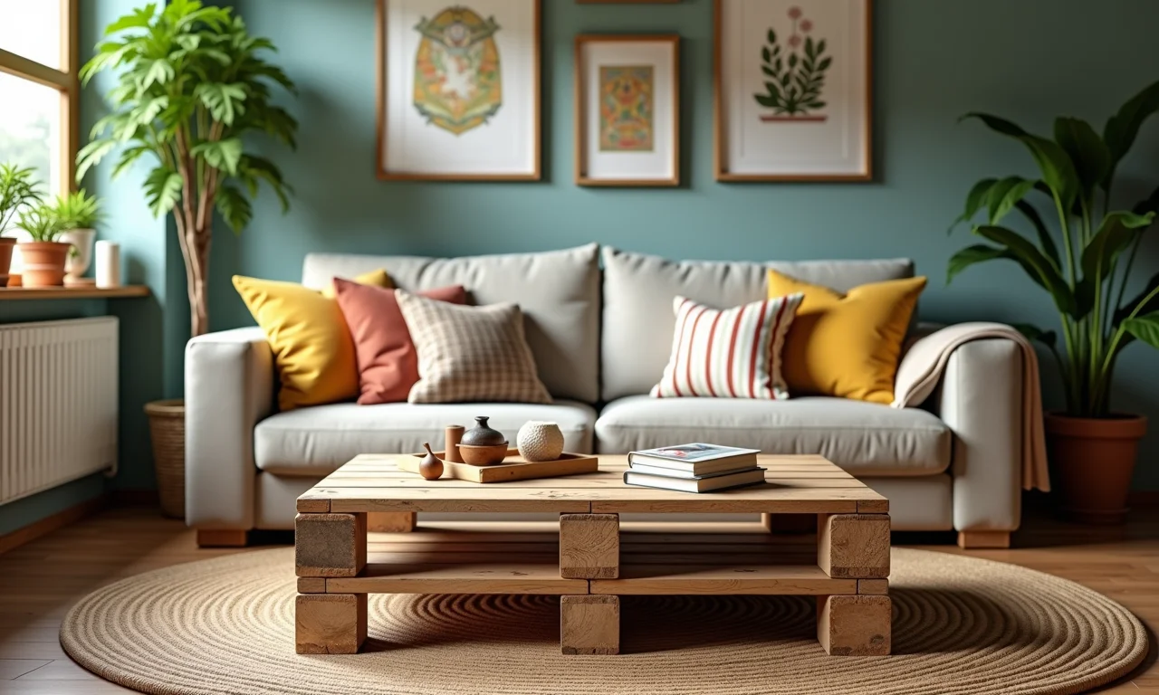 Sala de estar brasileira com mesa de centro de paletes, livros e decorações.