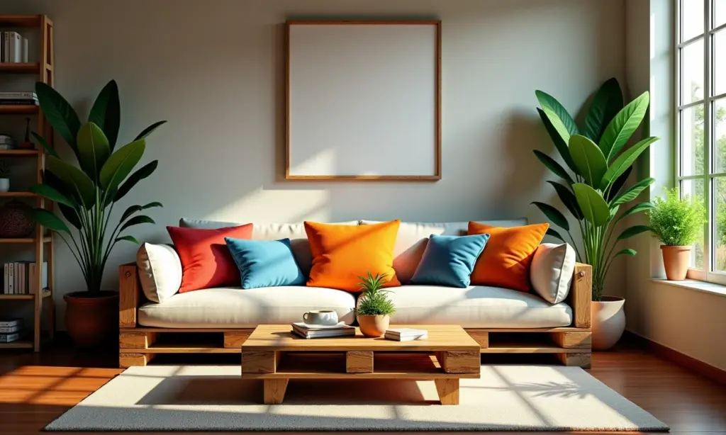 Sala de estar brasileira com móveis de paletes DIY: sofá, mesa de centro e plantas vibrantes.