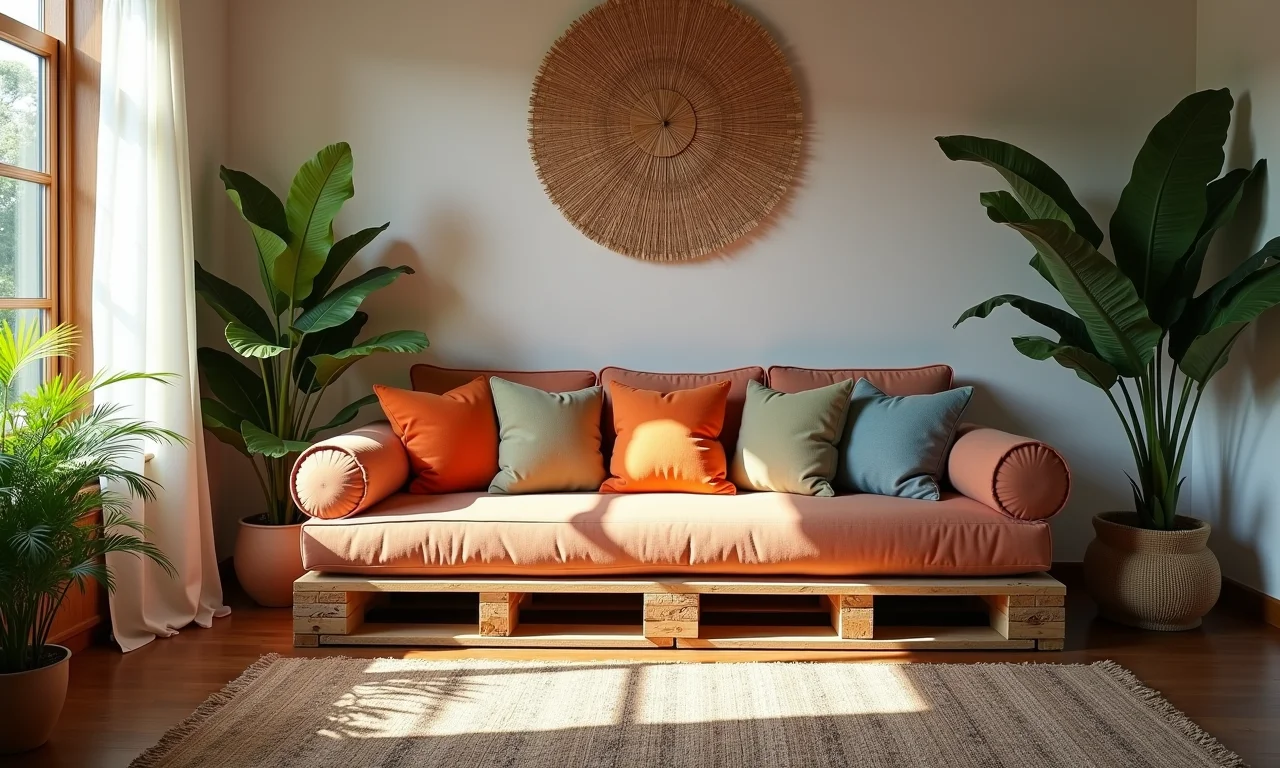 Sala de estar brasileira com sofá de paletes, almofadas coloridas e tapete.
