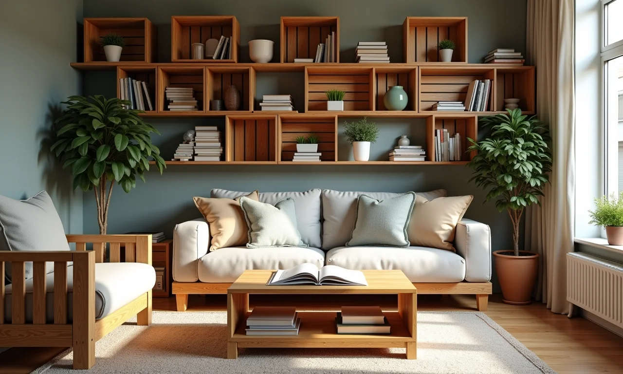 Sala de estar com caixas de madeira como prateleiras e mesas.