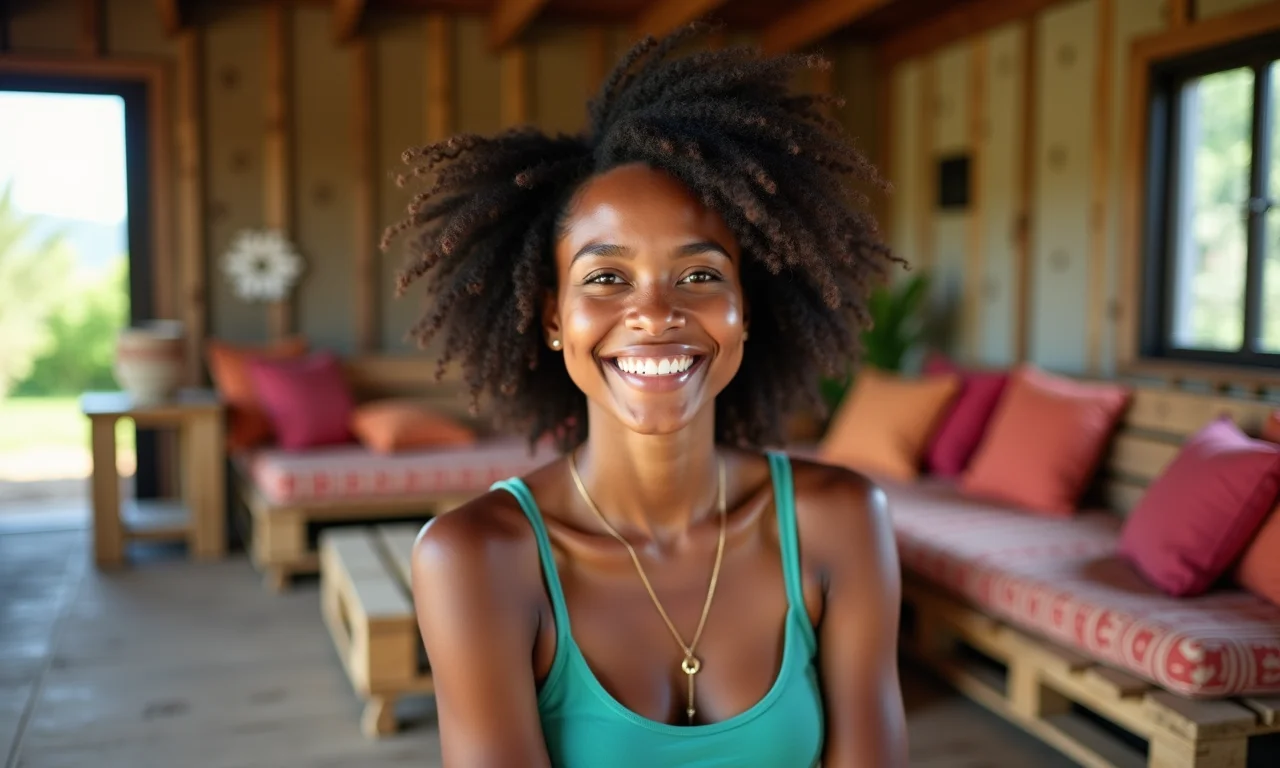 Sala de estar com móveis de pallet, estilo Farm Rio, mulher sorrindo.