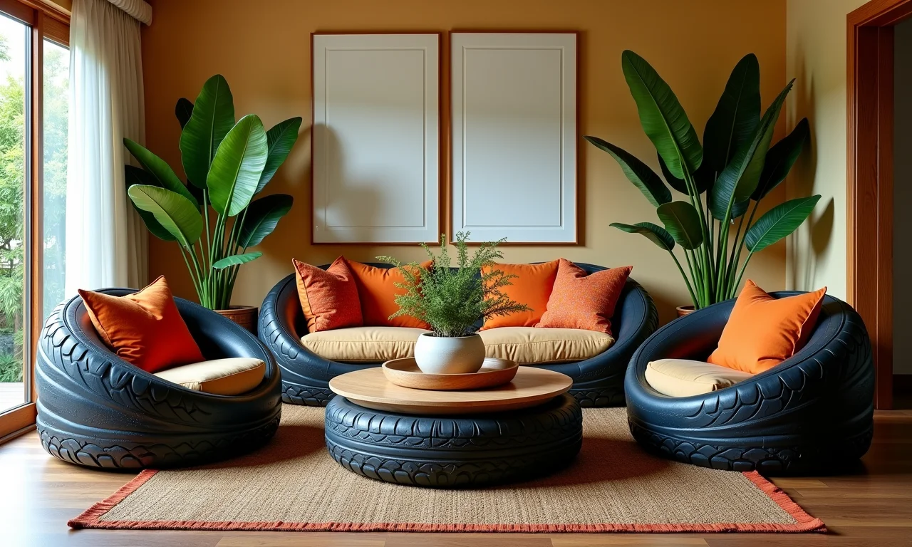 Sala de estar com poltronas e mesa de centro feitas de pneus.