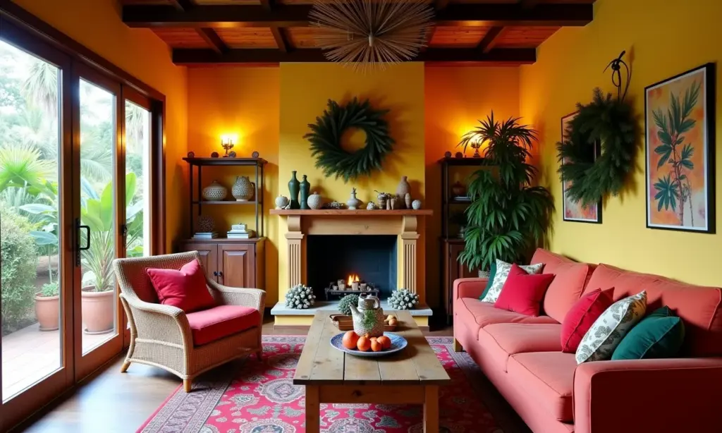 Sala de estar decorada para o Natal com enfeites reciclados e vibrantes.