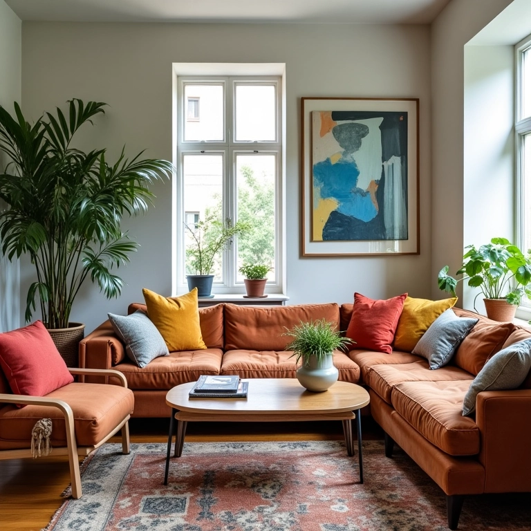 Sala de estar eclética com móveis reciclados e estilo moderno.