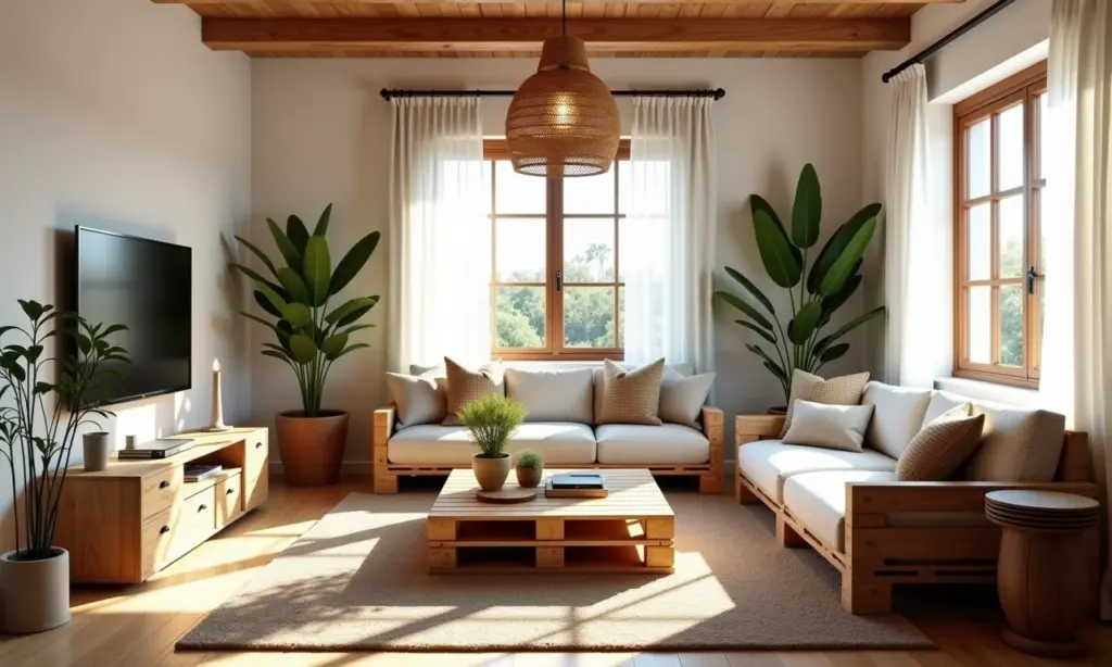 Sala de estar moderna com móveis de pallet e decoração vibrante em estilo Farm Rio.