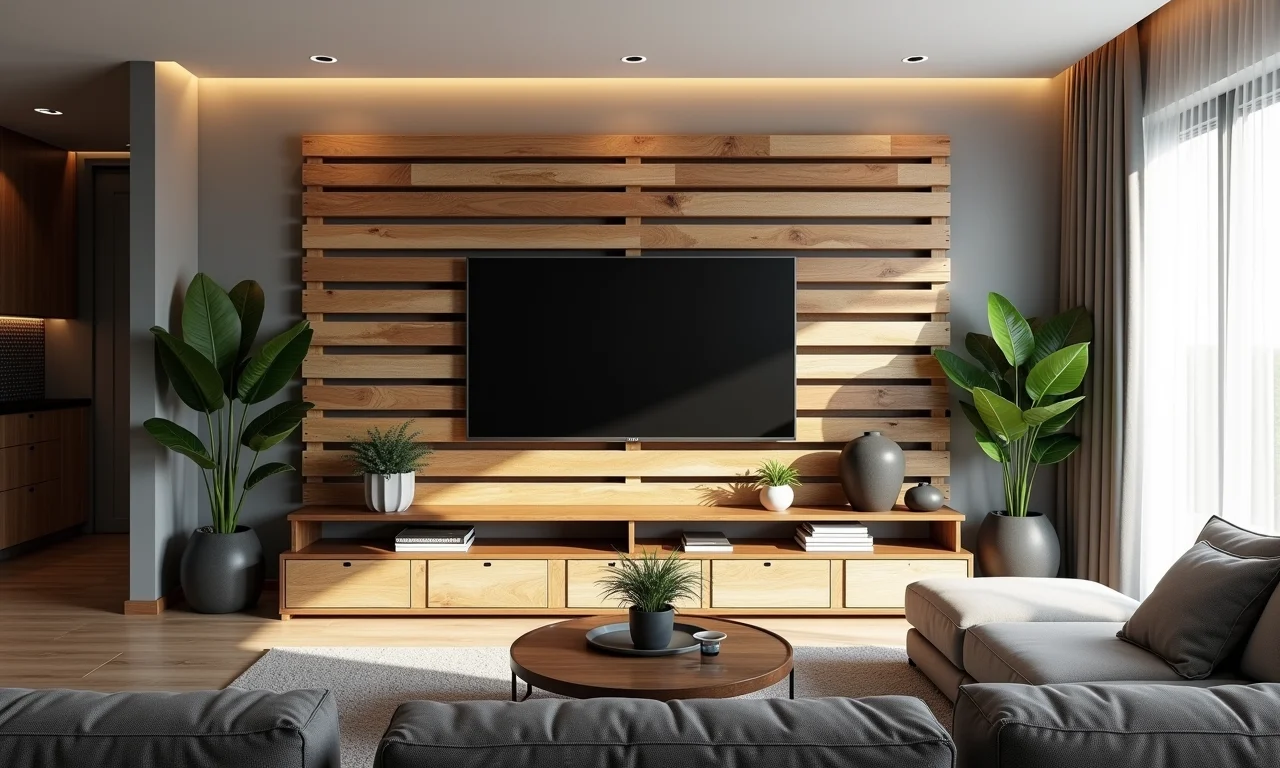Sala de estar moderna com painel de TV de pallet, elementos de design brasileiro e luz natural.