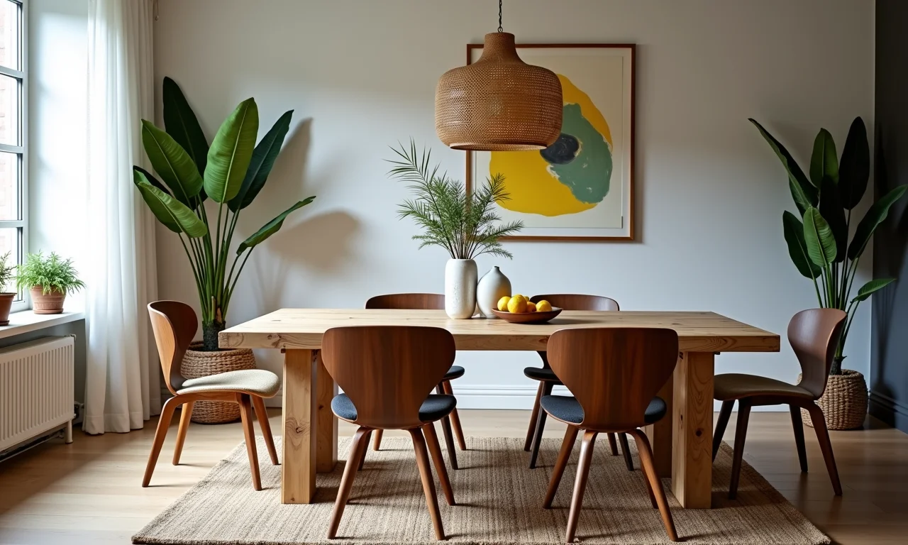 Sala de jantar com mesa de jantar de pallet, cadeiras elegantes e decoração brasileira.