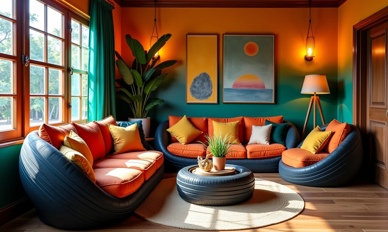 Sala decorada com móveis feitos de pneus reciclados.