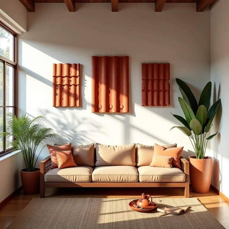 Sala decorada com telhas de barro pintadas como arte na parede