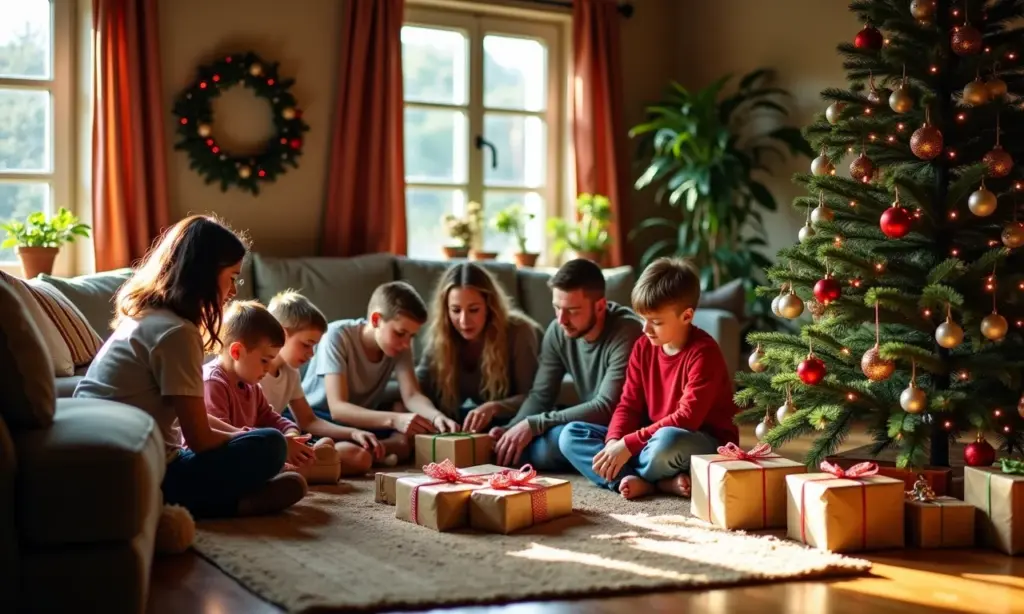 Sala decorada para o Natal com árvore feita de materiais reciclados.