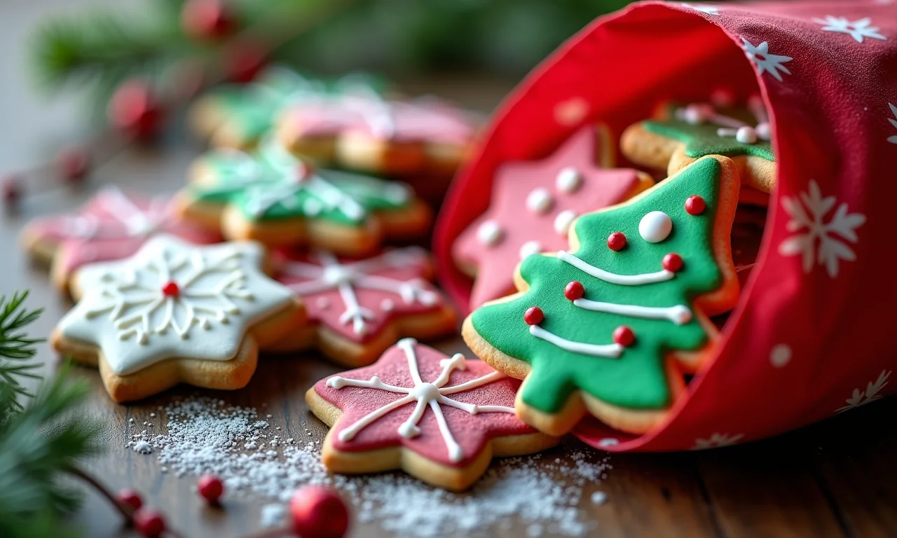 Saquinho de biscoitos decorados de Natal.