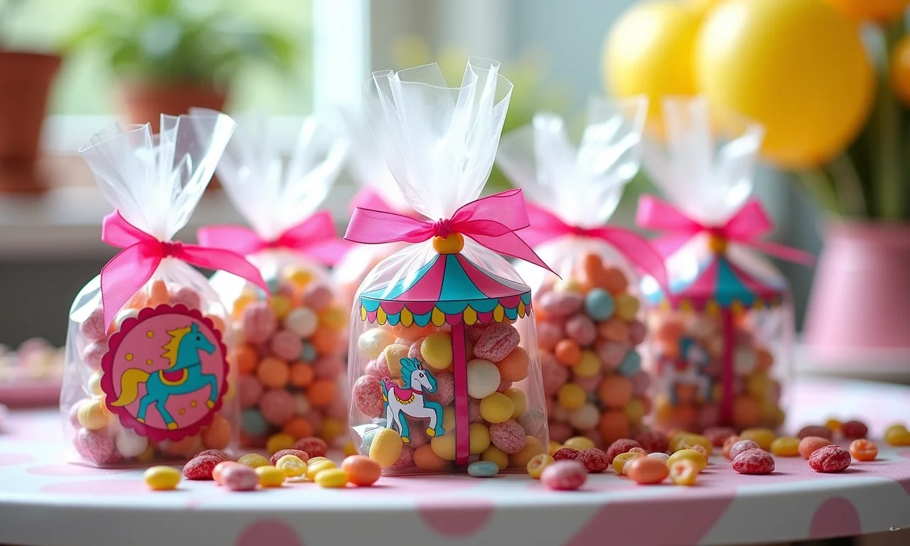 Saquinhos de doce temáticos com estampa de carrossel e fitas coloridas.