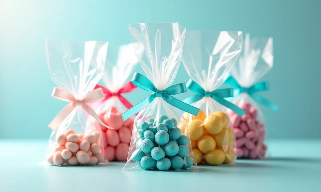 Saquinhos de doces temáticos com motivos oceânicos e laço de fita.