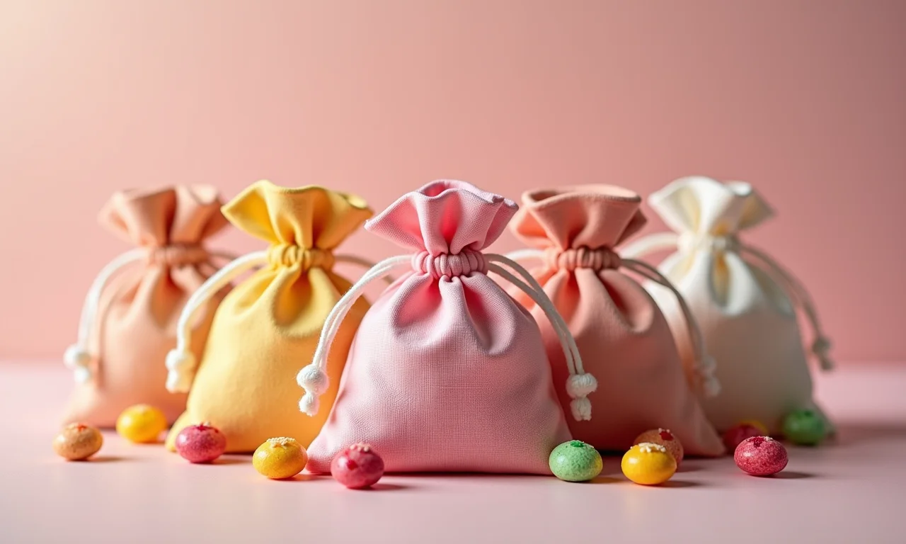 Saquinhos de tecido com doces como lembrancinha de aniversário.