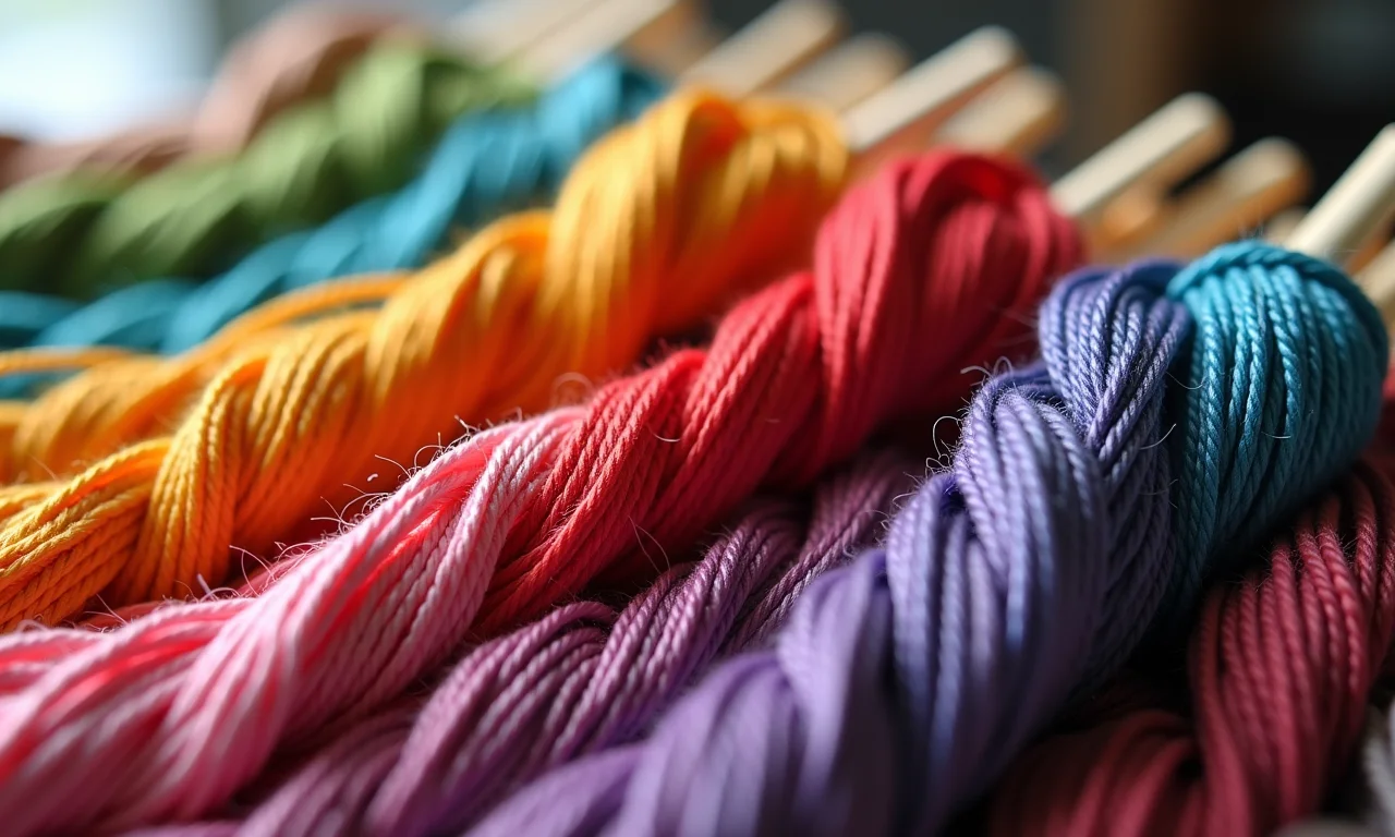 Seleção de linhas de bordado coloridas, organizadas por cor.