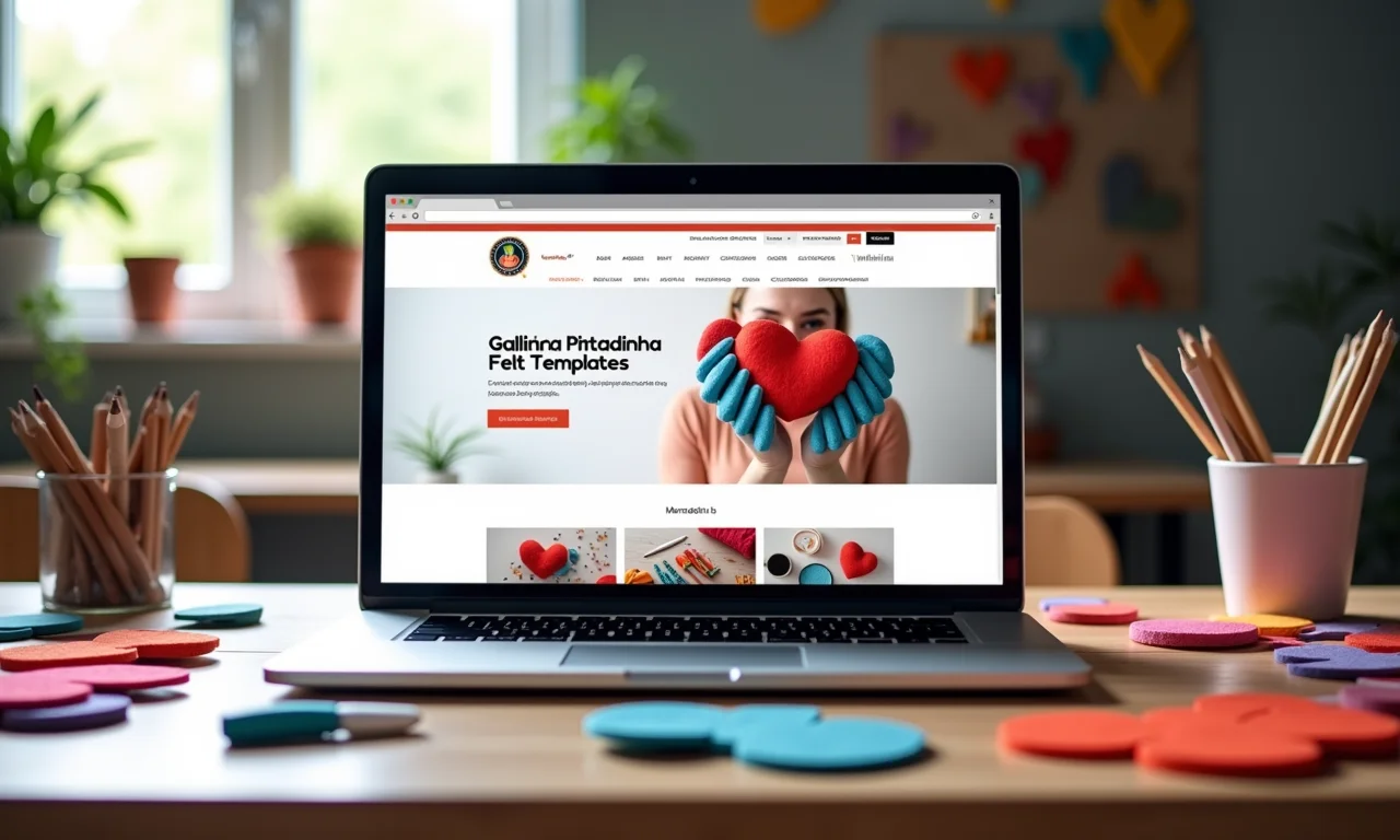 Site com moldes gratuitos da Galinha Pintadinha para feltro exibido em um laptop.