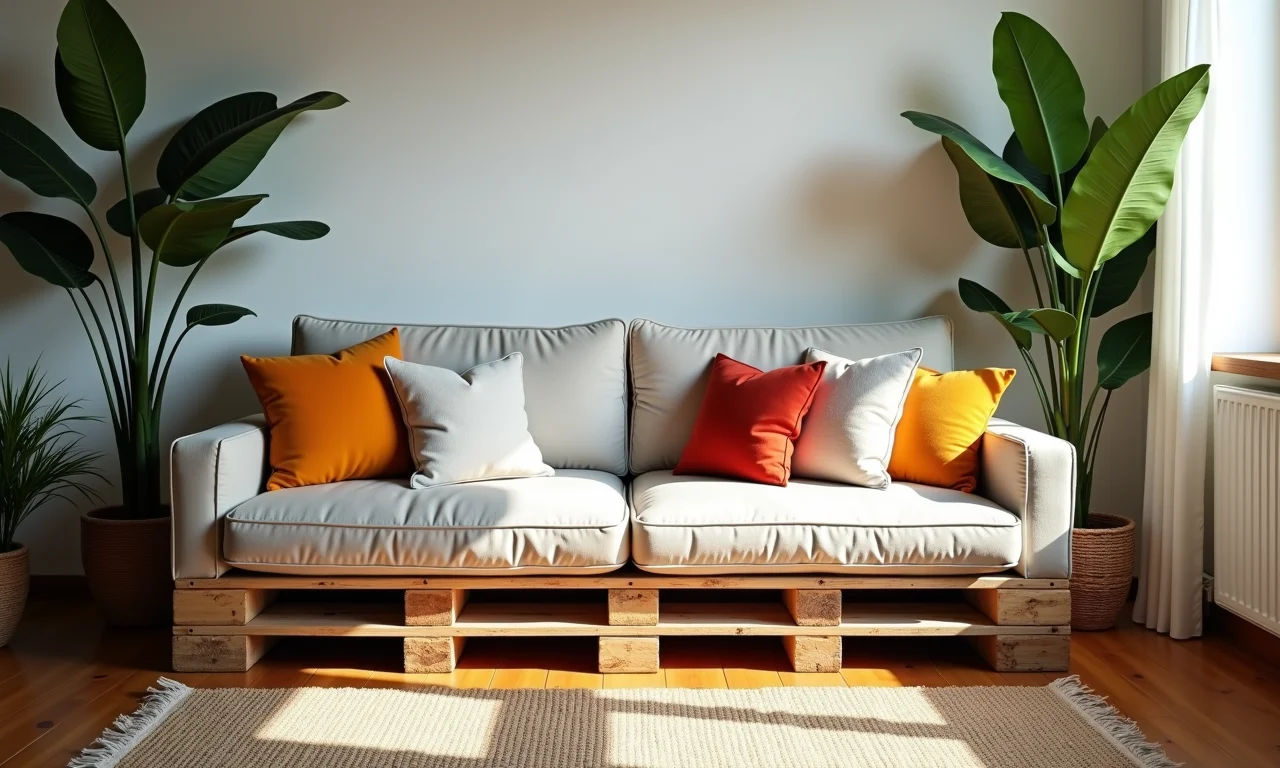 Sofá de pallet confortável com almofadas coloridas em uma sala de estar moderna.