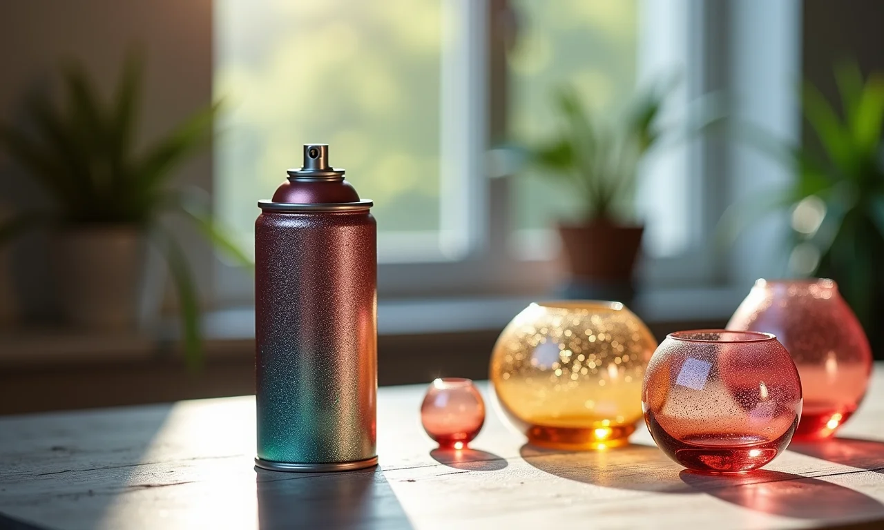 Spray de verniz acrílico da Glitter em mesa com objetos de decoupage.