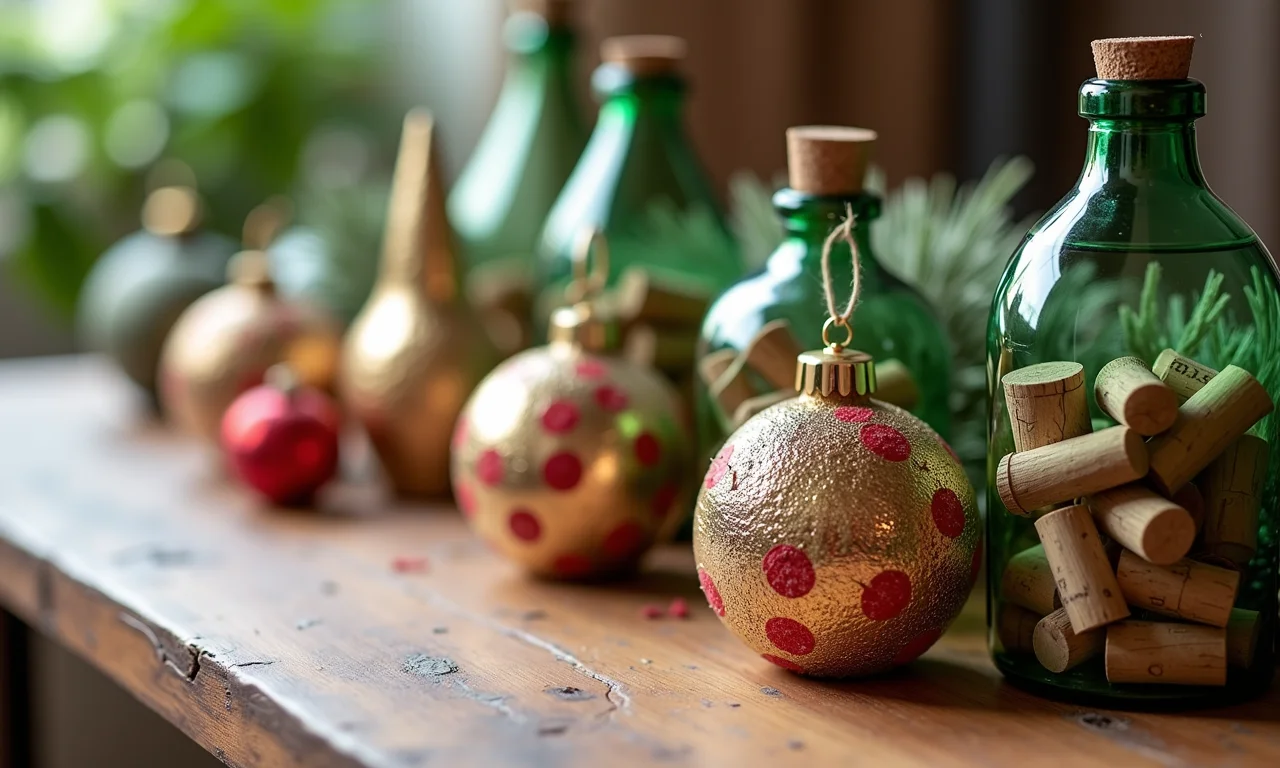 Tabela com diversos materiais reciclados para decoração de Natal.