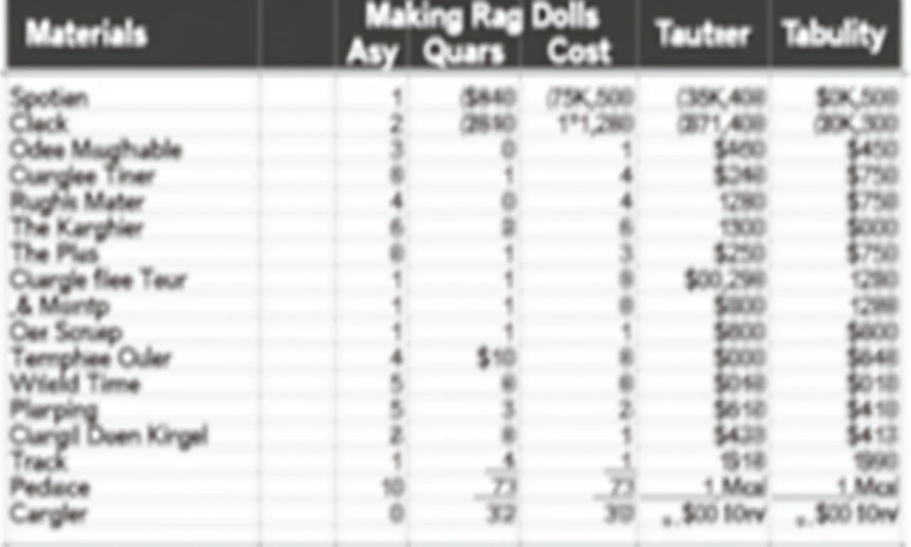Tabela com lista de materiais e custos estimados para fazer bonecas de pano.