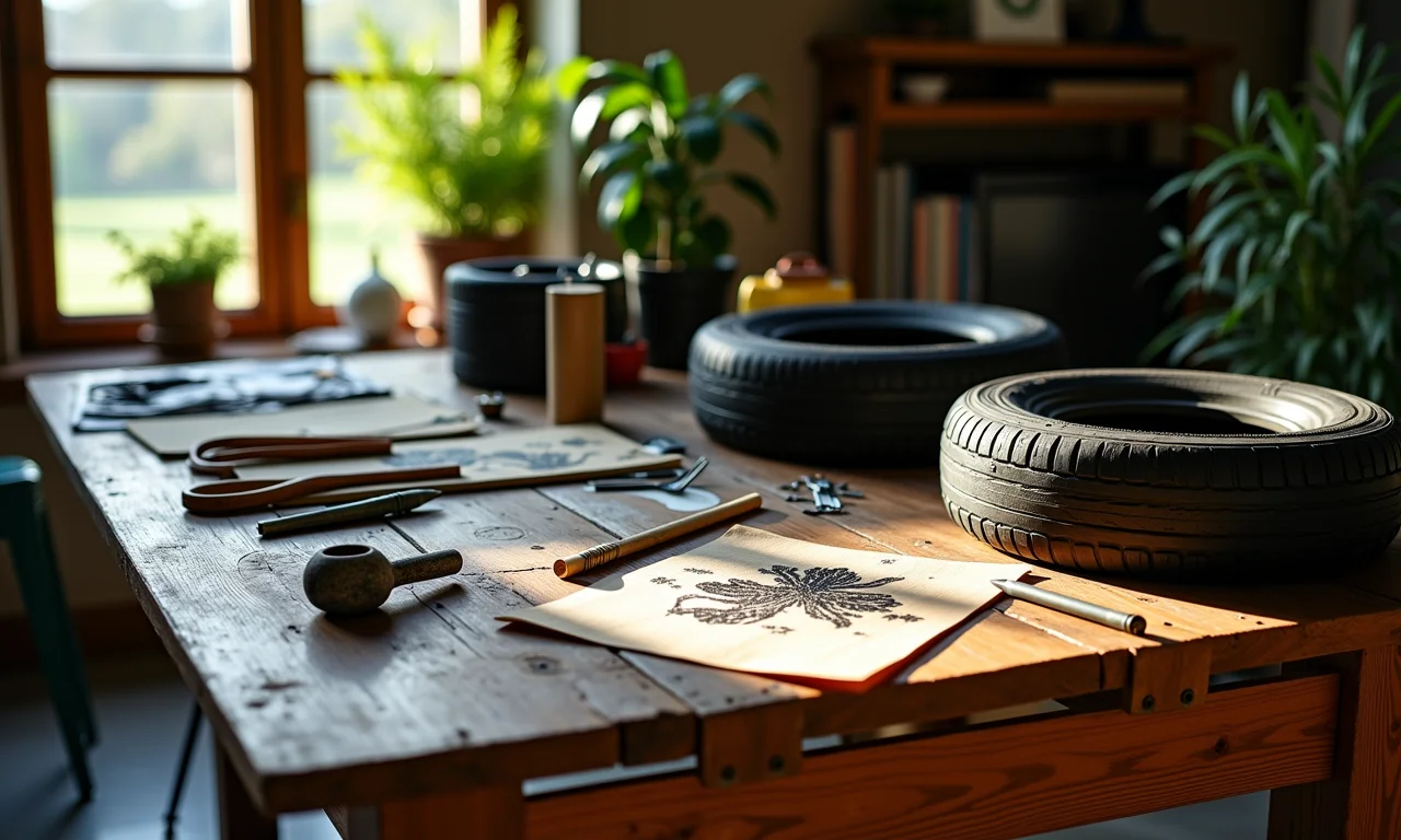 Tabela de ideias e materiais para criar arte com pneus.