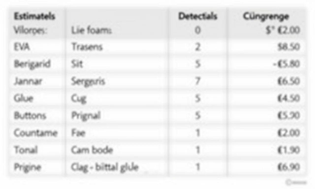 Tabela de materiais e custos para espantalho de EVA.