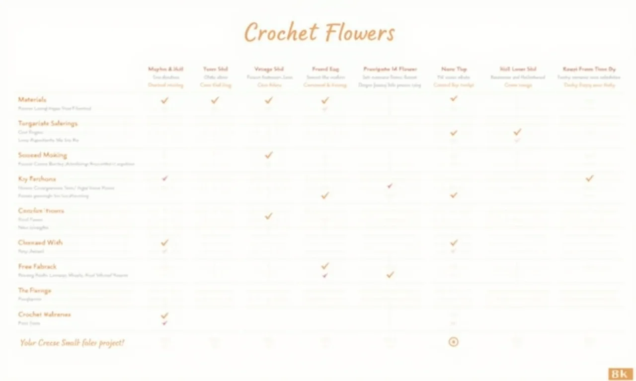 Tabela de resumo com materiais, níveis e dicas para crochê de flores.