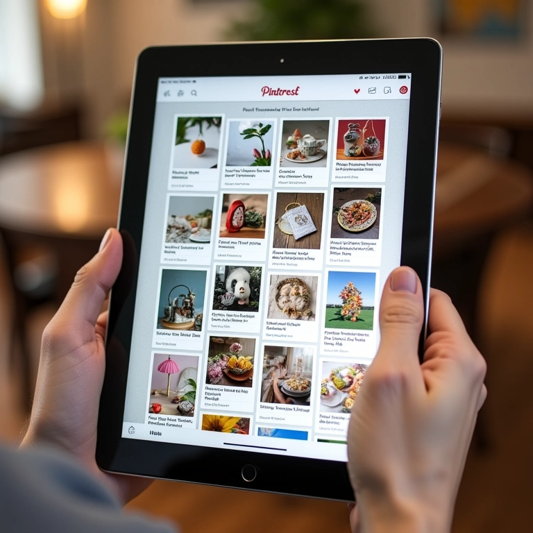 Tablet mostrando a interface do Pinterest com diversas ideias de artesanato.