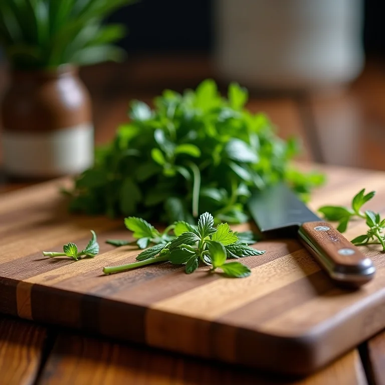 Tábua de corte de madeira artesanal com ervas frescas