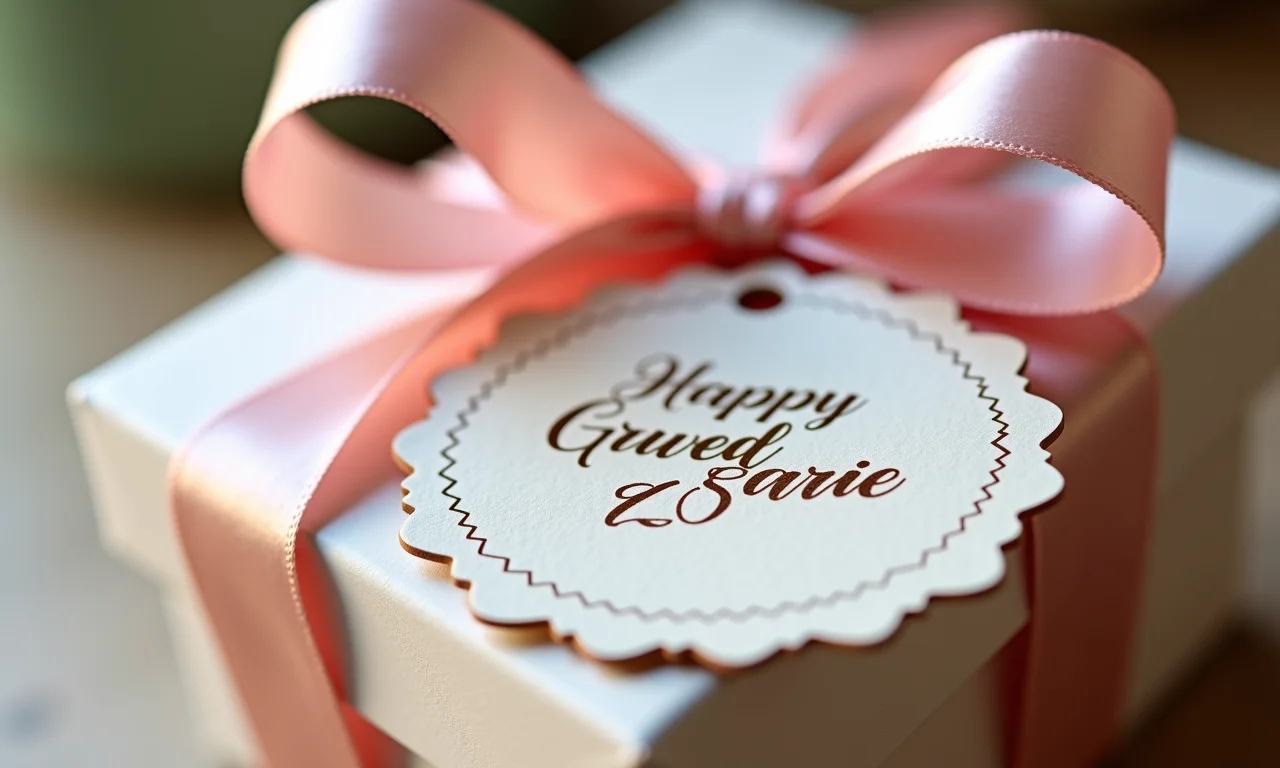 Tag personalizada em lembrancinha de casamento com caligrafia elegante.