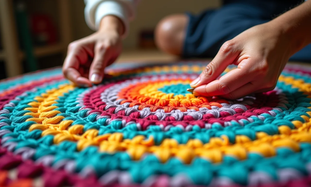 Tapete de crochê circular em andamento.