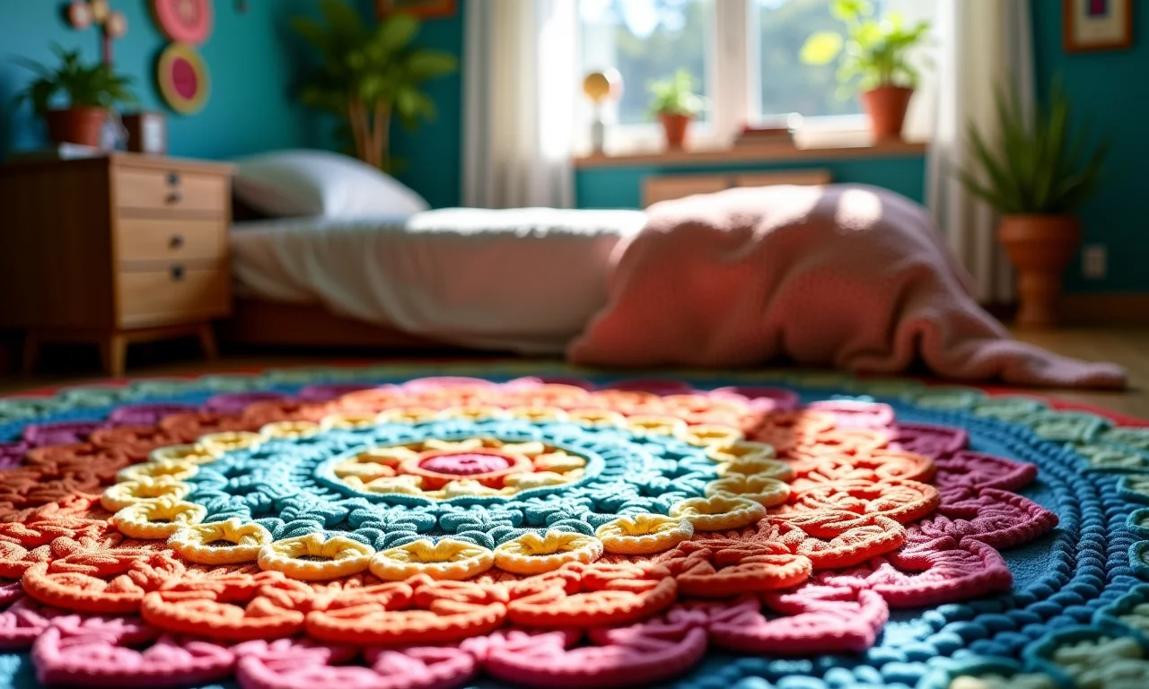 Tapete de crochê colorido em quarto alegre.