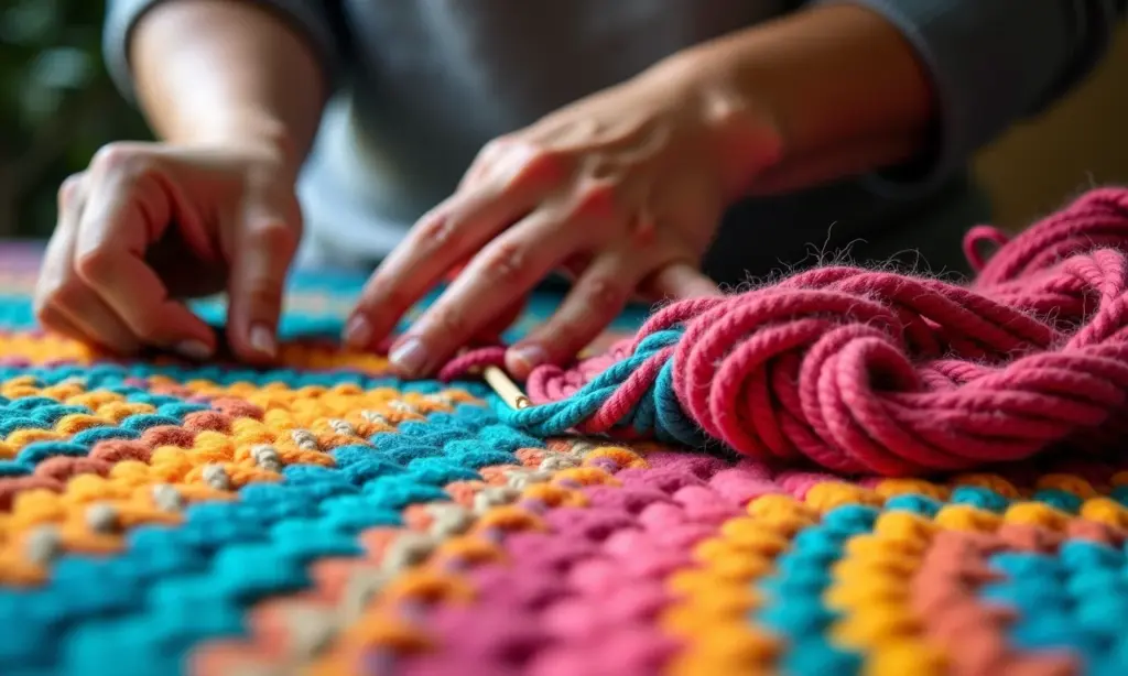 Quantos Novelos de Barbante Gasta um Tapete de Crochê? Tapete de crochê colorido sendo feito à mão.