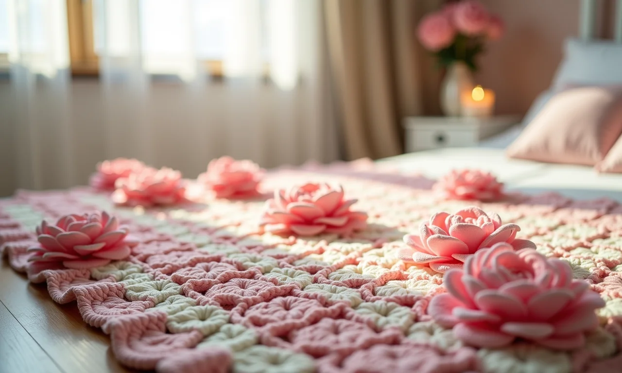 Tapete de crochê com flores em quarto romântico.