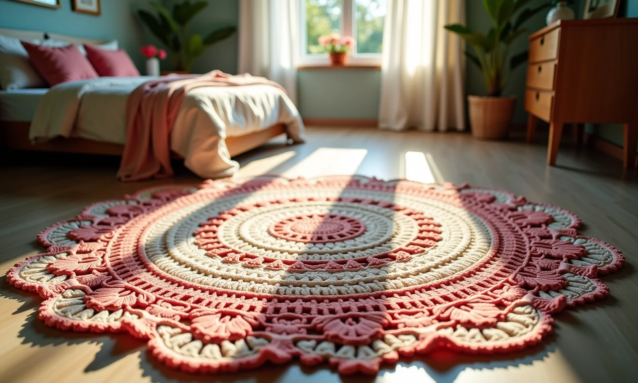 Tapete de crochê com flores em um quarto ensolarado com decoração romântica.