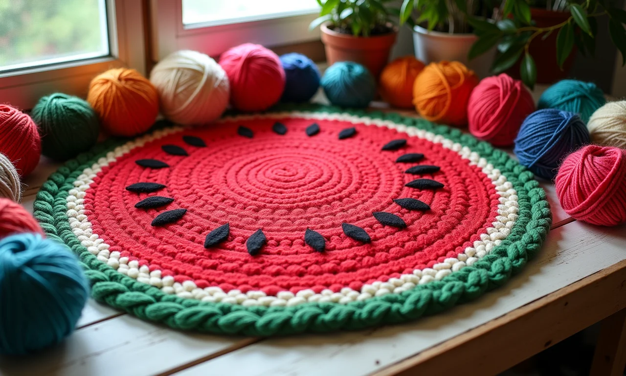 Tapete de crochê de melancia com fios de diferentes cores.