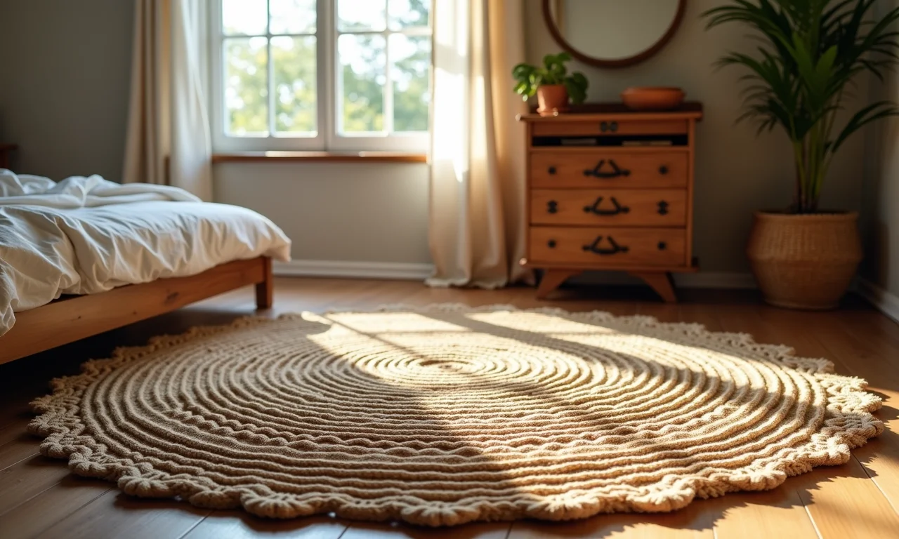 Tapete de crochê em barbante para quarto rústico.
