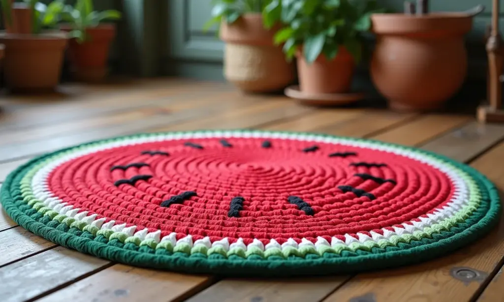 Tapete de Crochê Melancia: Gráfico Para Cozinha ou Quarto Tapete de crochê em formato de melancia em uma cozinha rústica.