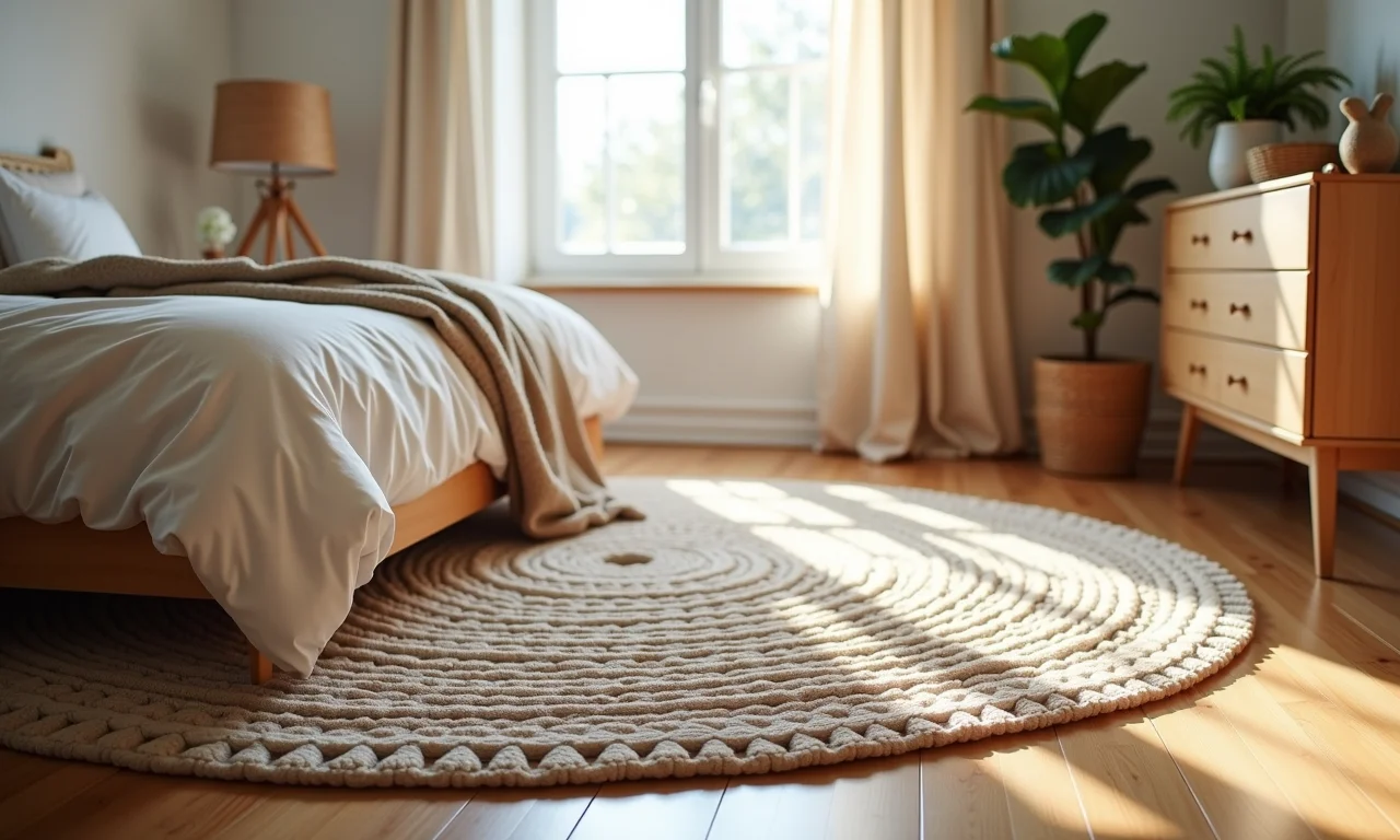 Tapete de crochê em quarto com estilo minimalista.