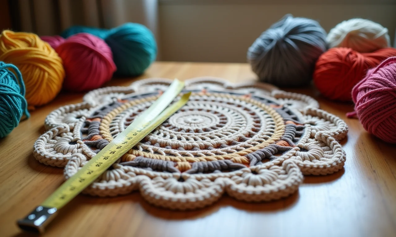 Tapete de crochê grande com fita métrica.