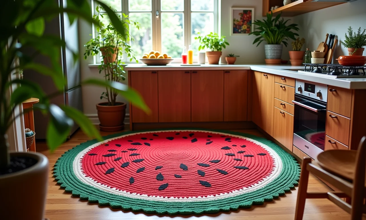 Tapete de crochê melancia em uma cozinha aconchegante.