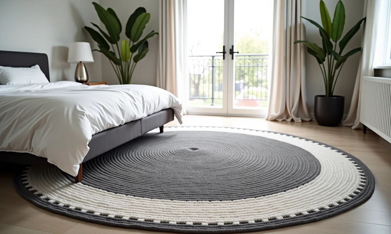 Tapete de crochê preto e branco em quarto elegante.