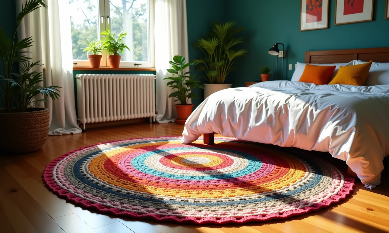 Tapete de crochê redondo em quarto boêmio.