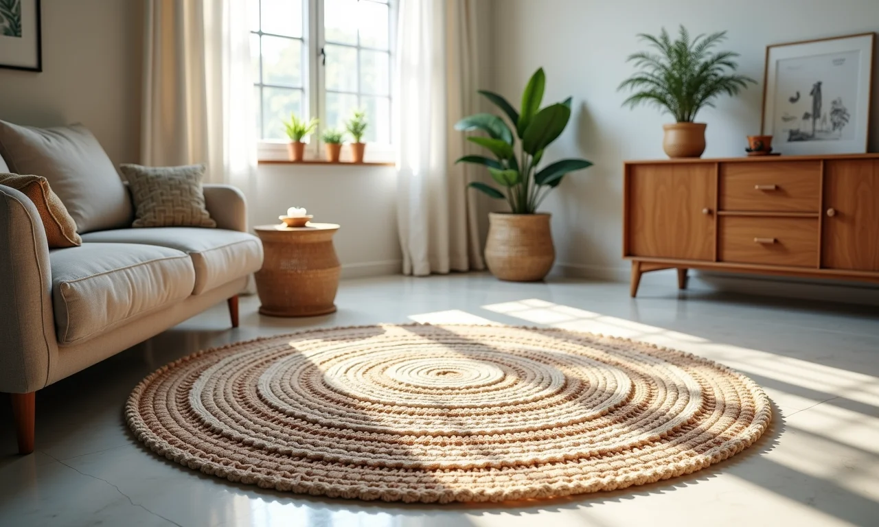Tapete de crochê redondo em uma sala de estar com design brasileiro moderno.