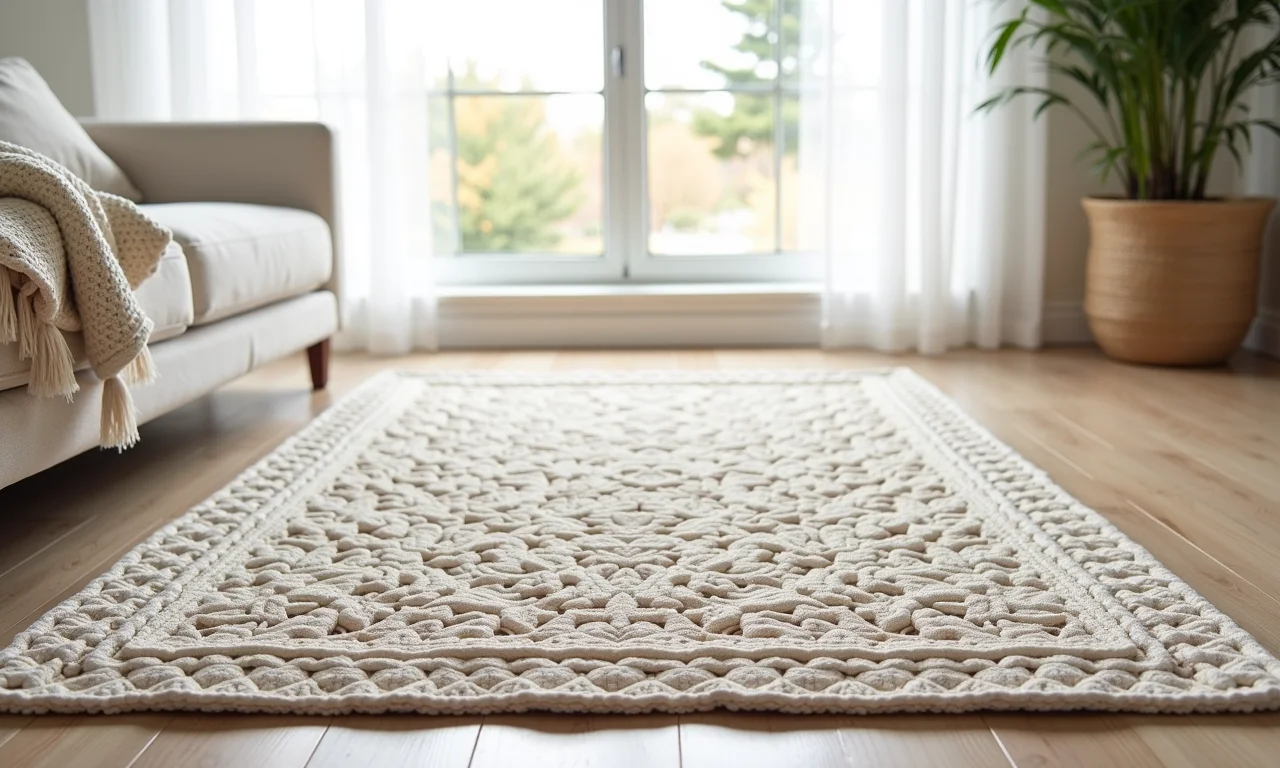 Tapete de crochê retangular em quarto moderno.