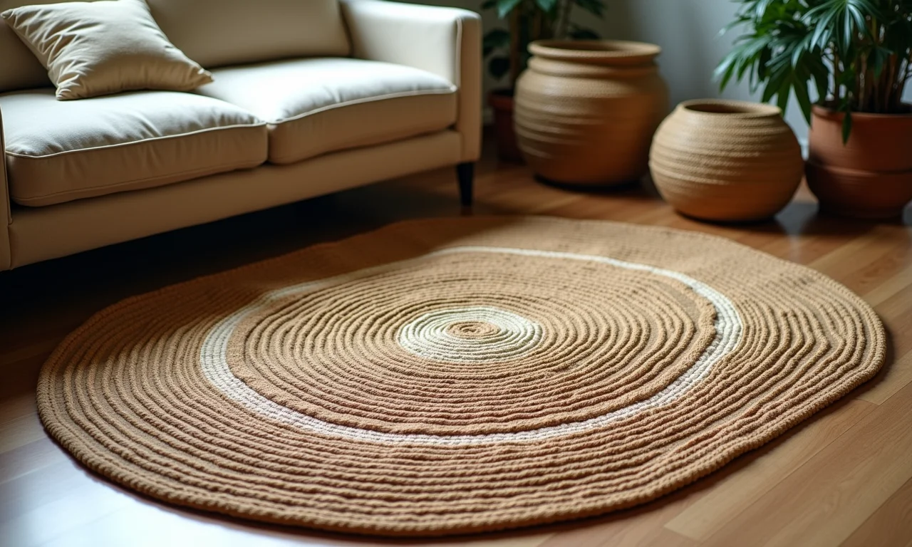 Tapete de crochê rústico feito de barbante em uma sala de estar boêmia.