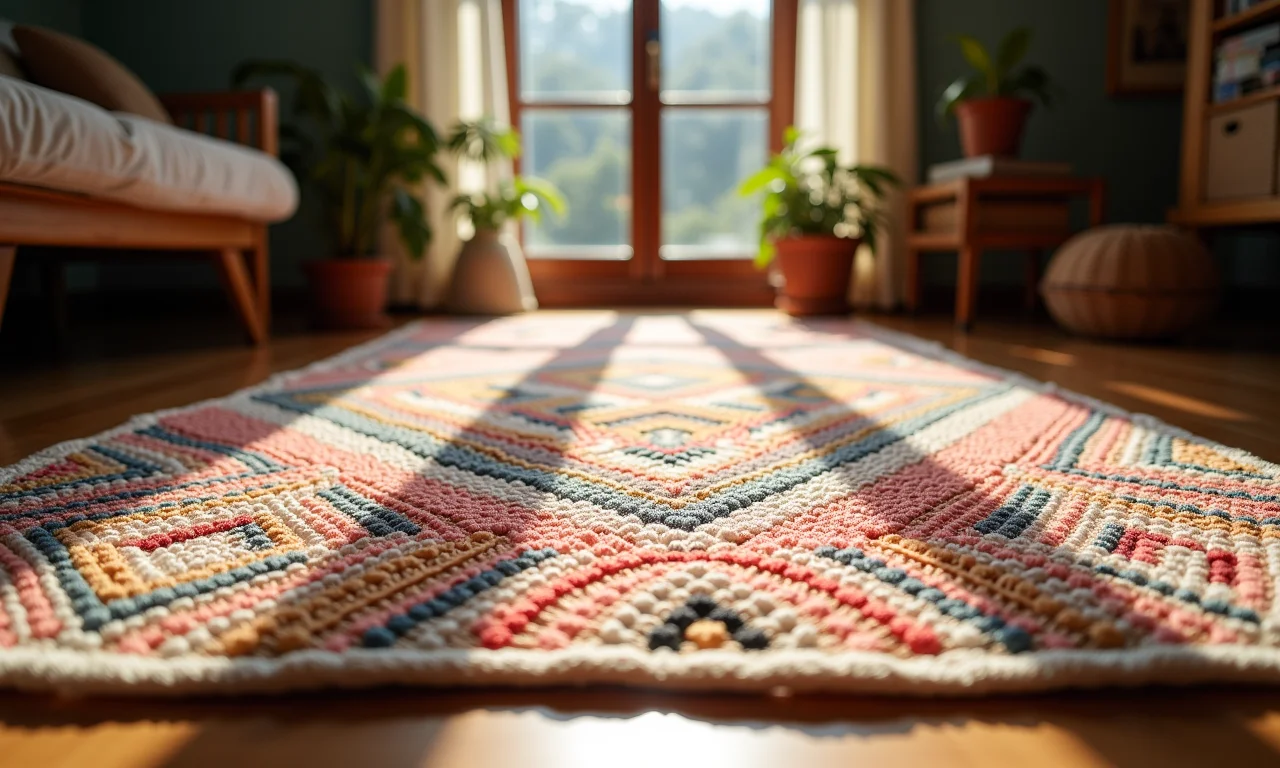 Tapete divertido bordado com ponto russo em casa ensolarada.