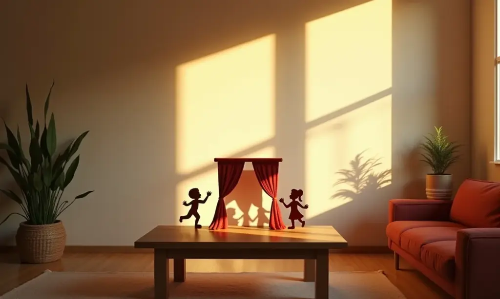 Teatrinho de sombras caseiro iluminado em sala aconchegante.